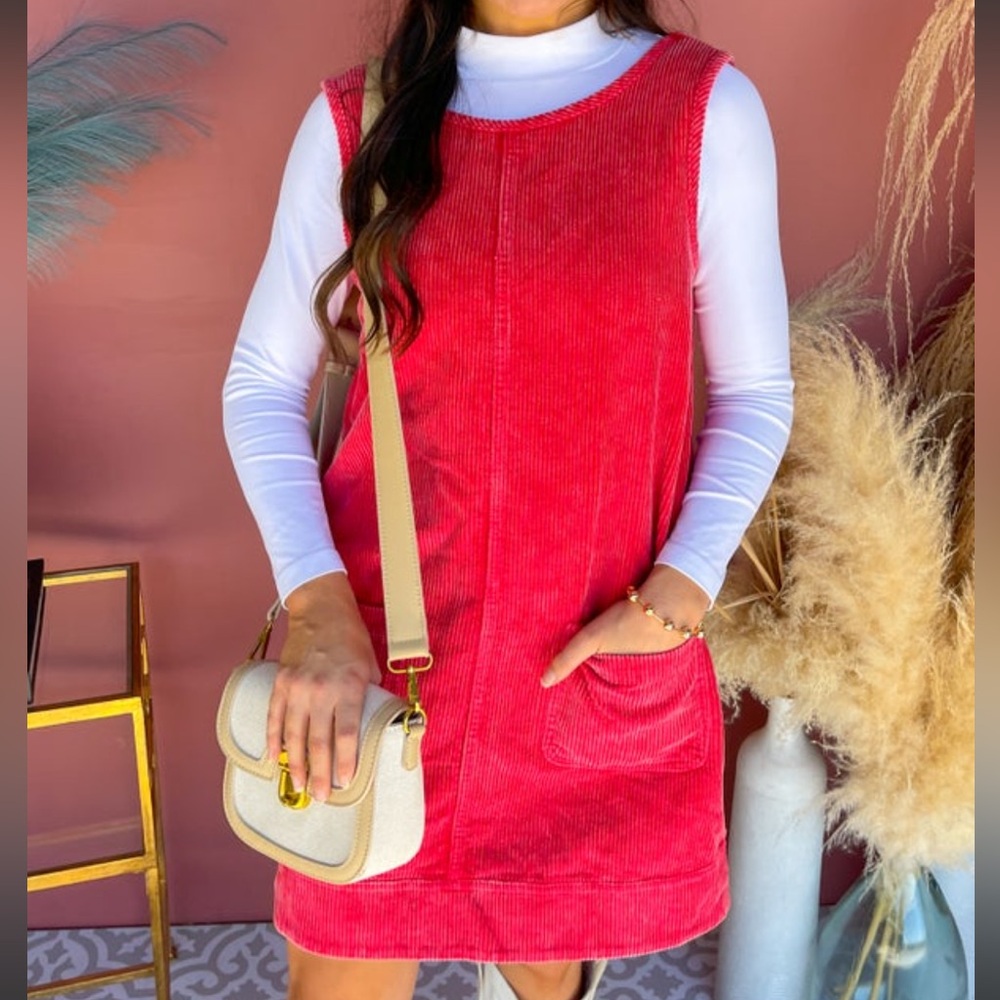Size large Corduroy shift dress with front pockets in candy apply red.